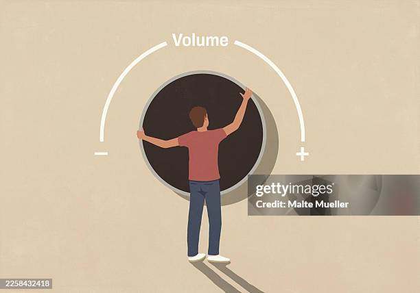 man adjusting large volume dial against beige background - turning dial stock illustrations