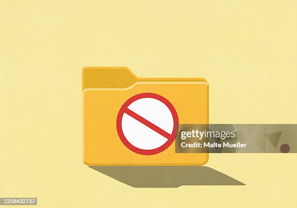 yellow digital folder with white and red forbidden symbol - access control stock illustrations