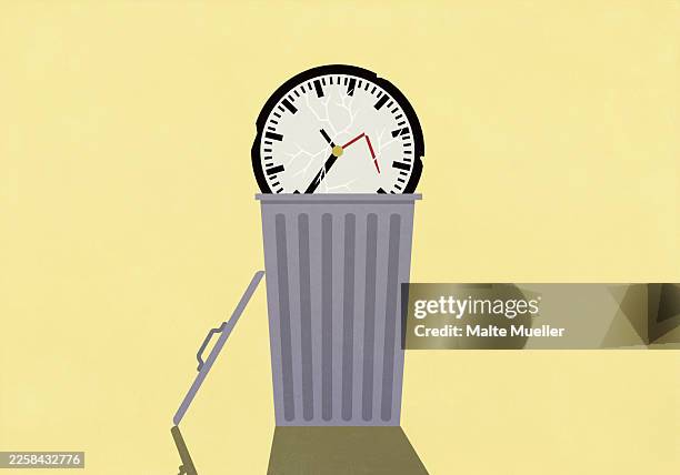 broken clock in garbage can on yellow background - müllbehälter stock-grafiken, -clipart, -cartoons und -symbole