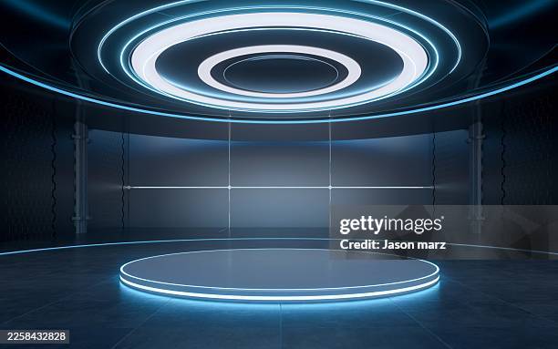 futuristic sci-fi empty podium with neon rings - studio lighting rig stock pictures, royalty-free photos & images