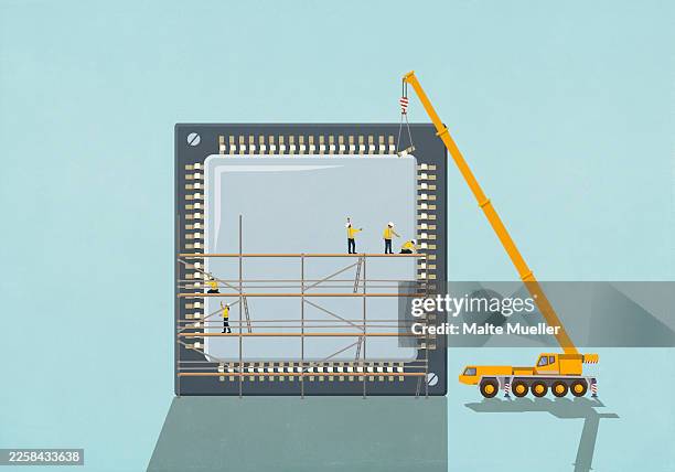 crane and construction workers on scaffolding assembling semiconductor chip - construction technology stock illustrations