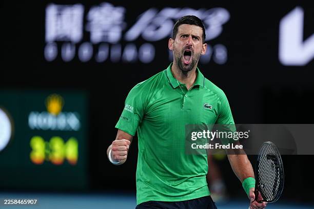 Novak Djokovic of Serbia reacts against Jannik Sinner of Italy in the Men's Singles Semifinal match during day 13 of the 2026 Australian Open at...