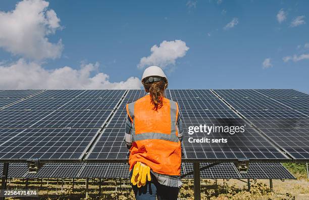 solar power professional: rear view of a young female engineer at sun power station - green economy stock pictures, royalty-free photos & images