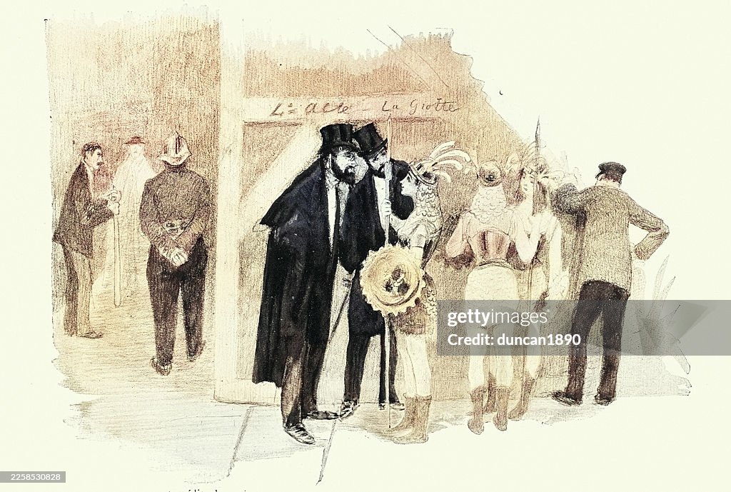History theatre, Men talking with supporting actress dressed as a Valkyrie backstage, Les humbles du Theatre, Vintage illustration, 19th Century