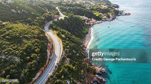 aerial view coastal road turquoise waters - coastal road stock pictures, royalty-free photos & images