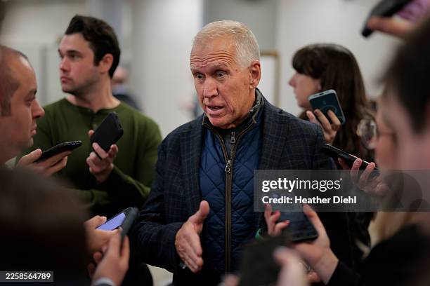 Sen. Thom Tillis talks with reporters ahead of a vote in the U.S. Capitol on January 27, 2026 in Washington, DC. The Senate is discussing DHS funding...