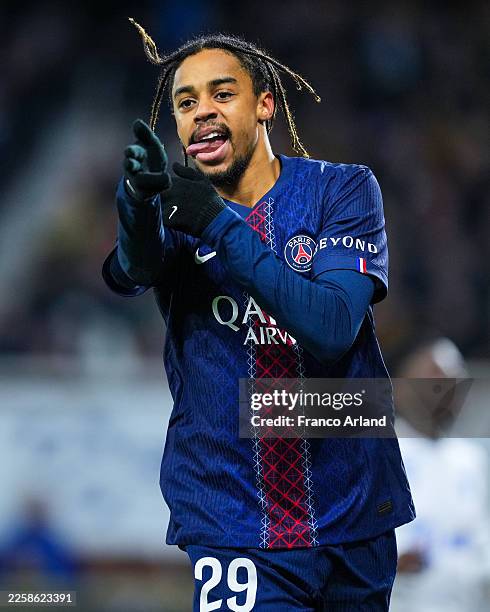 Bradley Barcola of PSG celebrates after scoring his team's first goal during the Ligue 1 McDonald's match between AJ Auxerre and Paris Saint-Germain...