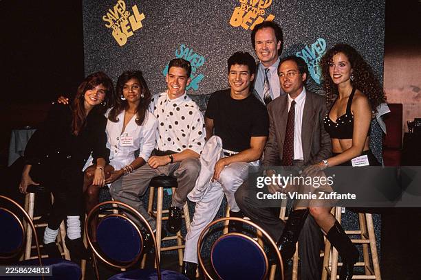 The cast and creator of the NBC sitcom 'Saved by the Bell', American actress Tiffani Amber Thiessen, American actress Lark Voorhies, American actor...