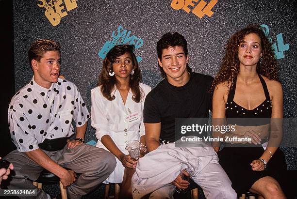 Cast members of NBC sitcom 'Saved by the Bell', American actor Mark-Paul Gosselaar, American actress Lark Voorhies and American actress Elizabeth...