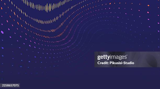 abstract flowing wave of colorful particles on dark blue background, modern digital wave background with vibrant gradient dots - black studio background stock illustrations