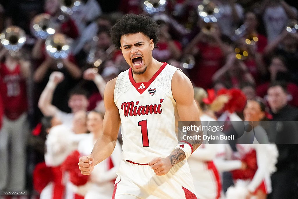 Trey Perry Trey Perry of the Miami RedHawks celebrates after beating the UMass ...