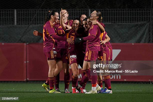 Evelyne Viens of AS Roma celebrates a second goal during the Coppa Italia women match between AS Roma and SS Lazio at Stadio Tre Fontane on January...