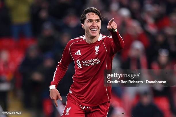Federico Chiesa of Liverpool celebrates scoring his team's sixth goal during the UEFA Champions League 2025/26 League Phase MD8 match between...