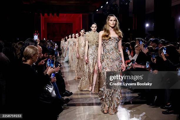 Models walk the runway during the Elie Saab Haute Couture Week Spring/Summer 2026 show as part of Paris Fashion Week on January 28, 2026 in Paris,...