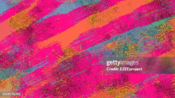 colorful abstract grunge texture with paint strokes. vibrant distressed artistic background with pink and orange. gritty halftone textured background with bright colors. creative messy paint splatter pattern for urban design - airbrush stock illustrations