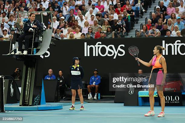 Aryna Sabalenka asks the chair umpire for a video review in the Women's Singles Semifinal match against Elina Svitolina of Ukraine during day 12 of...