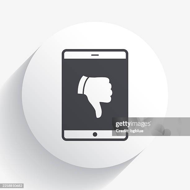 tablet pc with thumbs down. icon on circle button with long shadow - phone error stock illustrations