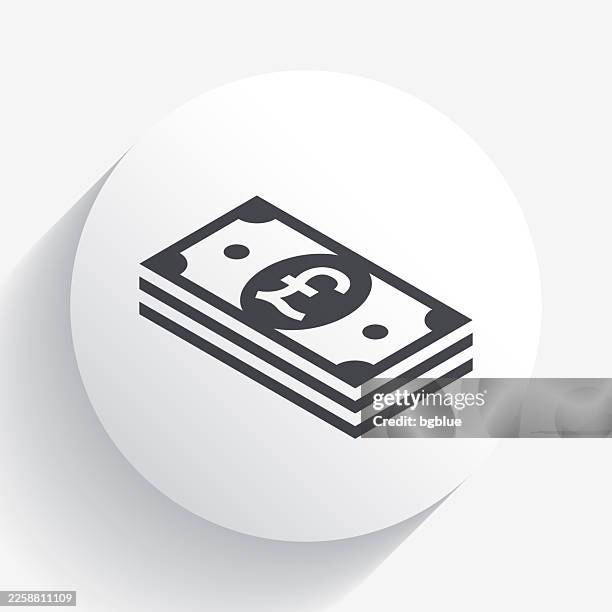 isometric pound banknotes. icon on circle button with long shadow - pound note stock illustrations