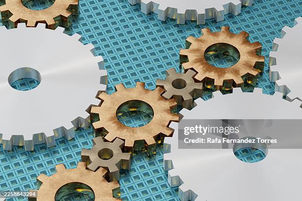 interlocking metal gears on blue technological surface - workflow abstract stock pictures, royalty-free photos & images