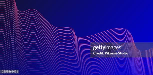 abstract flowing wave lines on deep blue gradient background, modern neon wavy line pattern with copy space - digital transformation vector stock illustrations