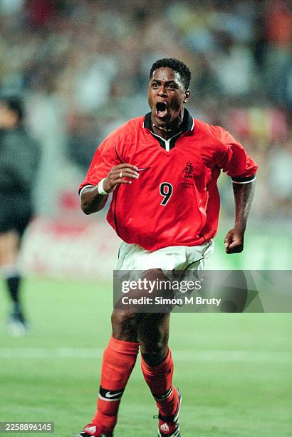 Patrick Kluivert of Netherlands celebrates scoring a goal during the World Cup Semi Final between Brazil and Netherlands . Brazil went on to win 4-3...