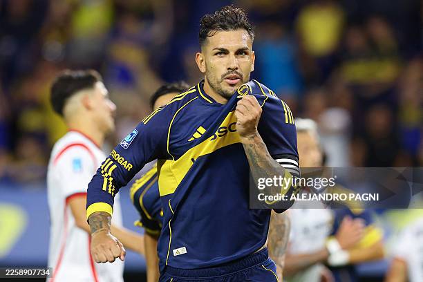 Boca Juniors' midfielder Leandro Paredes celebrates scoring his team's second goal during the Argentine Professional Football League 2026 Apertura...