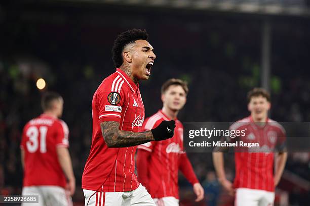 Igor Jesus of Nottingham Forest celebrates scoring his team's second goal during the UEFA Europa League 2025/26 League Phase MD8 match between...