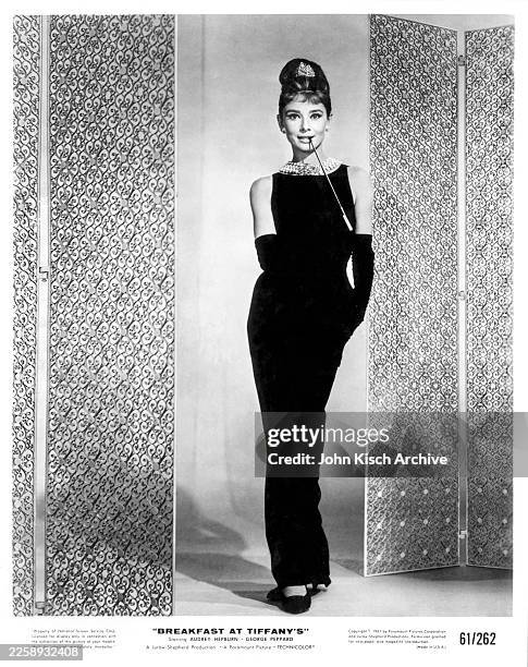 Publicity still portrait of American actor Audrey Hepburn in costume for the film 'Breakfast at Tiffany's,' 1961.