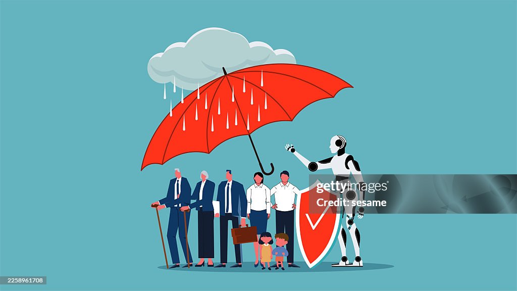 Artificial Intelligence Technology Protecting Families, Artificial Intelligence for Home Security or Life Insurance, Smart Technology and Shelter. Artificial Intelligence Robot Holding Umbrella to Protect People from Heavy Rain