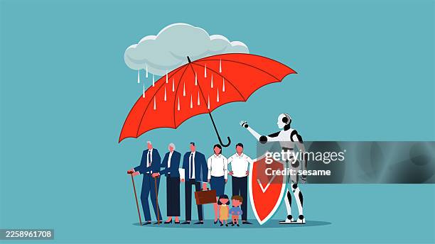 artificial intelligence technology protecting families, artificial intelligence for home security or life insurance, smart technology and shelter. artificial intelligence robot holding umbrella to protect people from heavy rain - over protective parent stock illustrations