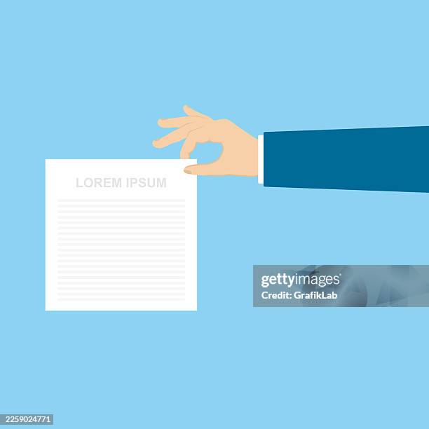 business hand holding an important document or contract paper - lorem ipsum text stock illustrations