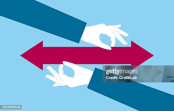 hands holding a double-ended arrow pointing in opposite directions for decision making and alternatives - flexible spending account stock illustrations