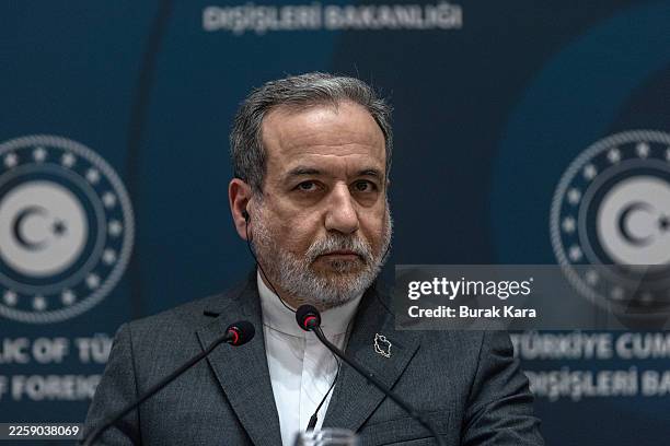 Iranian Foreign Minister Abbas Araghchi gives a statement at the Ritz Hotel as he meets Turkey's Foreign Minister Hakan Fidan, on January 30, 2026 in...