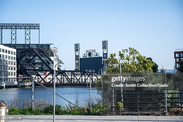 Oracle Park is viewed from the distance in Mission Bay, San Francisco, California, January 29, 2026.
