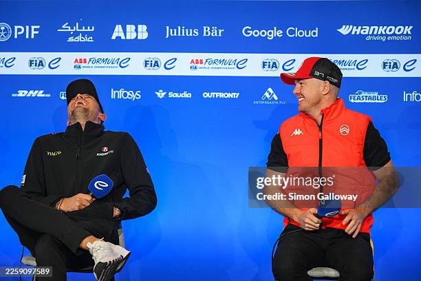 Jake Dennis of Great Britain and Andretti Formula E and Nick Cassidy of New Zealand and Citroen Racing talk in the Drivers Press Conference ahead of...