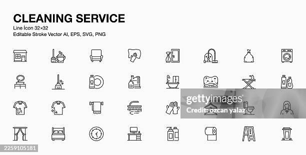cleaning service line icon set - hand sponge stock illustrations