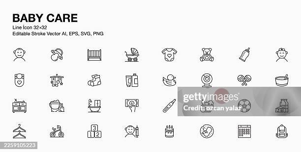 baby care line icon set - crawling icon stock illustrations
