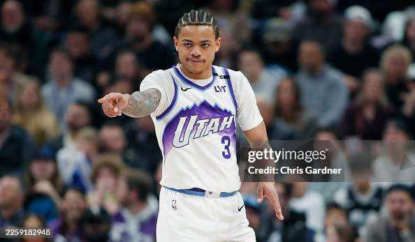 Keyonte George Hair Keyonte George of the Utah Jazz gestures during the first half of a ...
