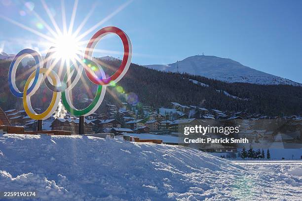 The olympic rings are seen prior to the Milano Cortina 2026 Winter Olympics on January 31, 2026 in Livigno, Italy.