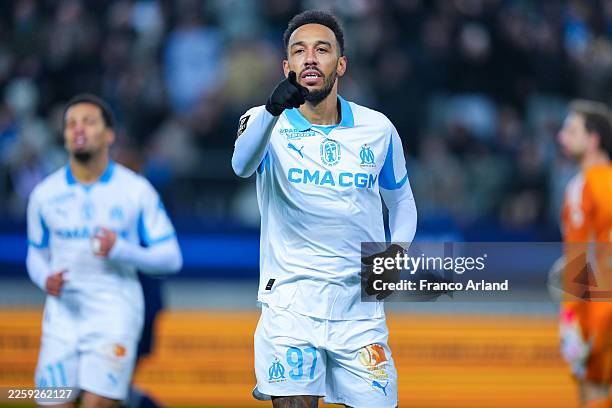 Pierre Emerick Aubameyang of Olympique de Marseille celebrates after scoring his team's first goal during the Ligue 1 McDonald's match between Paris...