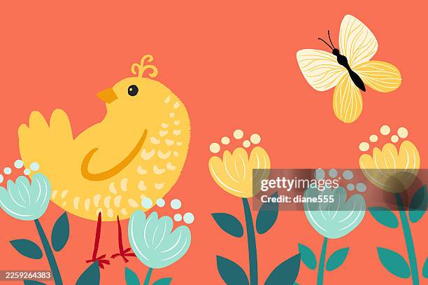 cute easter illustration with yellow chick and flowers - spring animals stock illustrations
