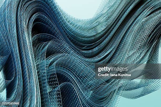 abstract 3d blue wireframe waves forming dynamic flowing structure on light background. futuristic digital mesh symbolizing data flow, technology, artificial intelligence, network connections, motion and modern innovation. - energy level stock pictures, royalty-free photos & images