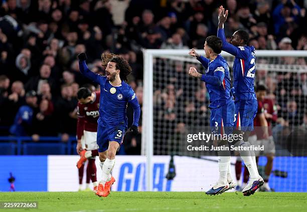 Marc Cucurella of Chelsea celebrates scoring his team's second goal during the Premier League match between Chelsea and West Ham United at Stamford...