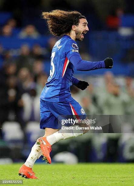 Marc Cucurella of Chelsea celebrates scoring his team's second goal during the Premier League match between Chelsea and West Ham United at Stamford...