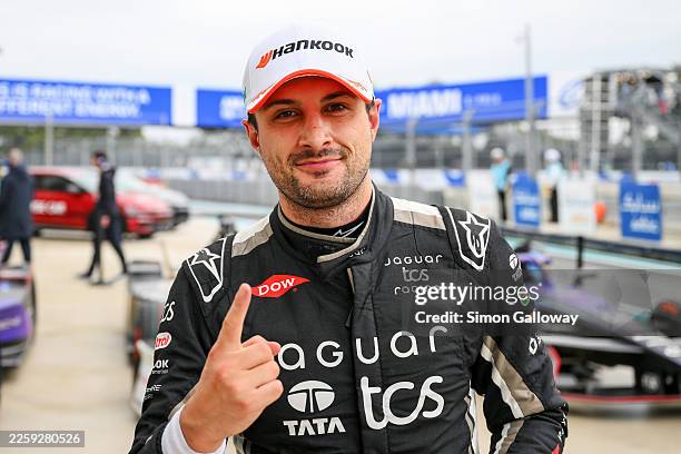 Race winner Mitch Evans of New Zealand and Jaguar TCS Racing celebrates in parc ferme during the Miami E-Prix, Round 3 of the 2026 FIA Formula E...