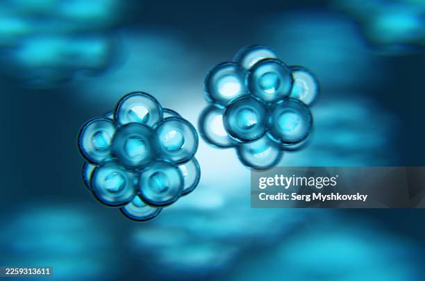 close-up of two transparent molecules on a blue background. - código del genoma humano fotografías e imágenes de stock