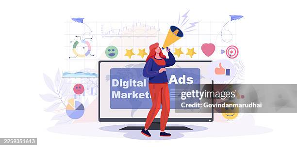 digital marketing campaign concept with businesswoman, megaphone, analytics dashboard, seo and ppc advertising - lead generation stock illustrations