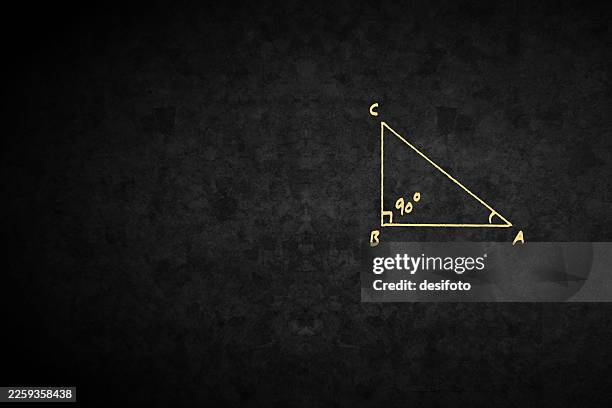 right angled triangle abc drawn on vector blackboard dark black background, 90 degrees angle at b in old retro style chalk drawing with copy space - middle school math stock illustrations
