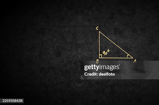 Right angled triangle ABC drawn on vector blackboard dark black background, 90 degrees angle at B in old retro style chalk drawing with copy space Right angled triangle ABC drawn on vector blackboard dark black background, 90 degrees angle at B in old retro style chalk drawing with copy space