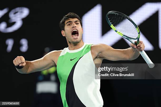 Carlos Alcaraz of Spain celebrates a point in the Men's Singles Final against Novak Djokovic of Serbia during day 15 of the 2026 Australian Open at...